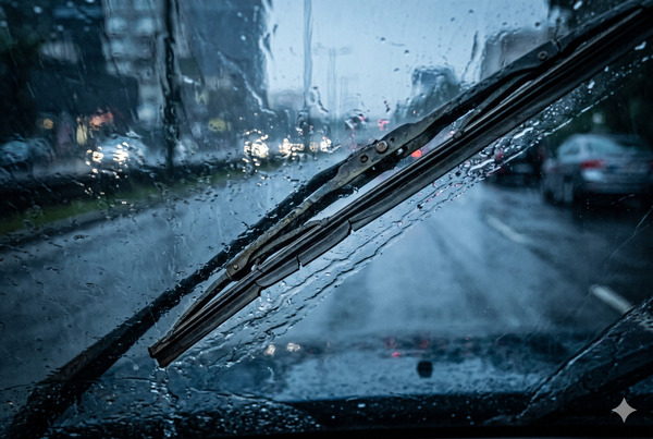 Traditional rubber wiper blades showing streaking, cracking, and poor performance on a wet windshield
