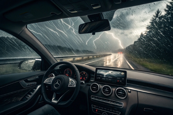 Windshield wiper system failure resulting in streaks and poor visibility during heavy rain