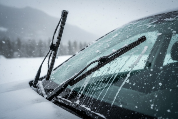 Traditional all-season wiper blades failing in heavy snow, showing ice buildup and poor wiping