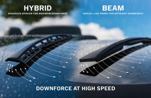 Side-by-side technical comparison of hybrid and beam wiper blades showing aerodynamic advantages at high speeds
