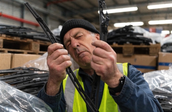 Frustrated importer or wholesaler examining defective or damaged truck wiper blades from a recent shipment