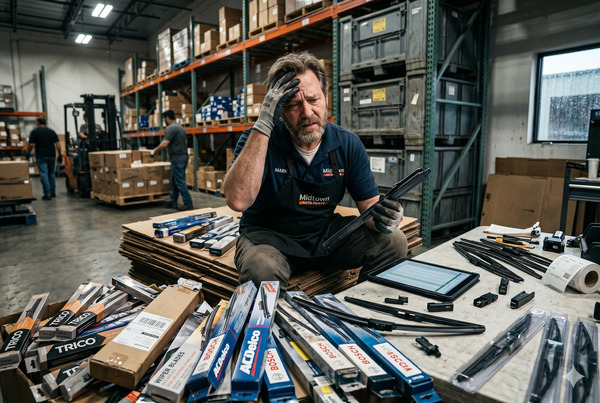 Frustrated wholesaler or retailer dealing with a pile of returned wiper blades due to compatibility issues