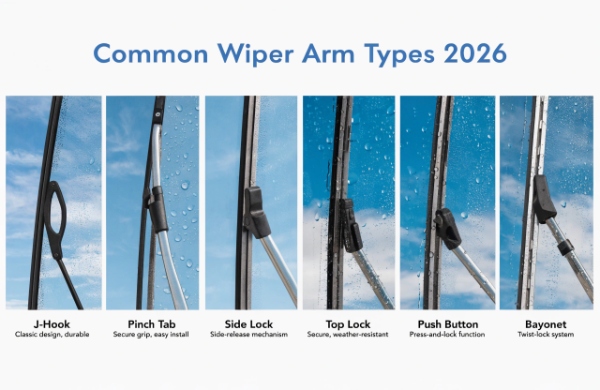 Clear visual identification chart showing common wiper arm types for technicians