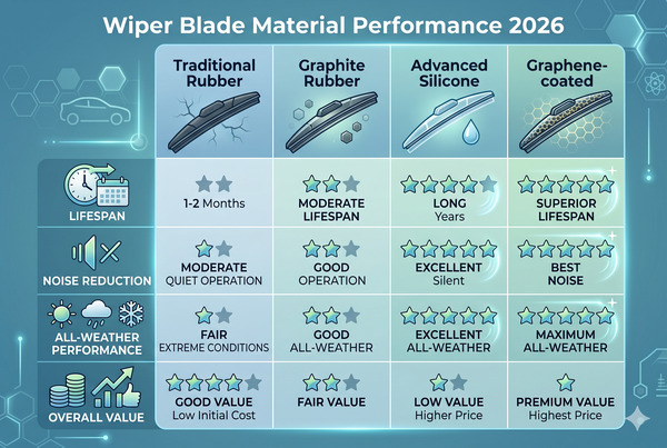 Performance comparison chart or visual of different wiper blade materials (rubber, silicone, graphene) in 2026