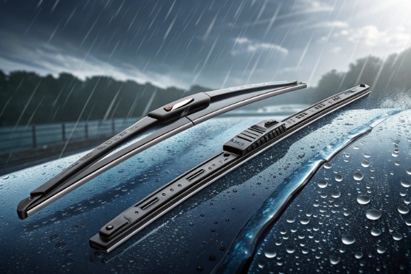 Side-by-side comparison of Hybrid and Silicone wiper blades performing in rain, highlighting their different all-weather behaviors