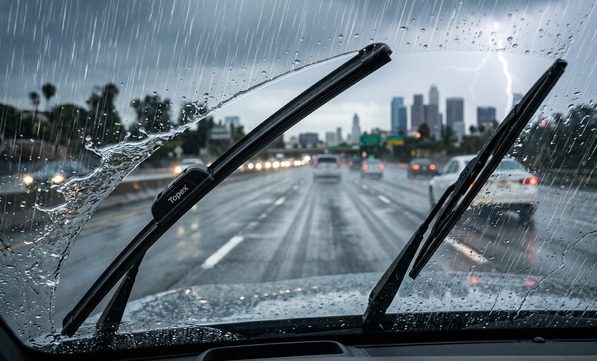 Premium beam and hybrid wiper blades actively clearing heavy rain on a windshield at highway speed