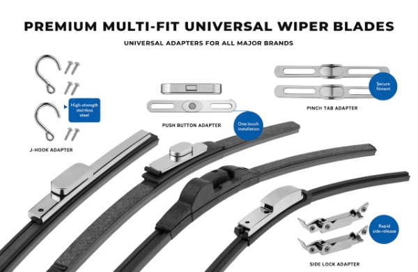 Multi-fit universal wiper blades with various adapters for different vehicle types
