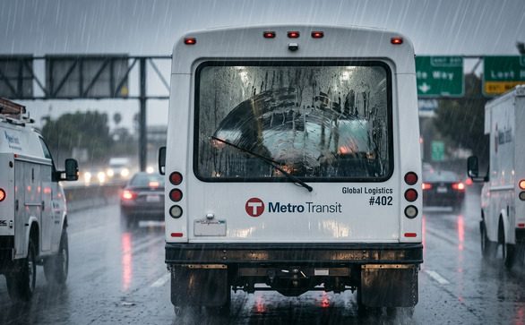 Fleet truck or bus with non-working rear wiper causing poor visibility during rain, highlighting fleet operational issue