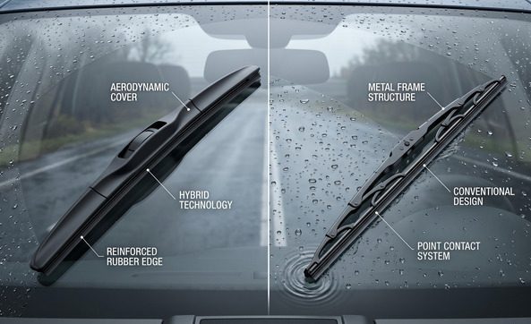 Side-by-side comparison of hybrid and conventional wiper blades installed on a windshield