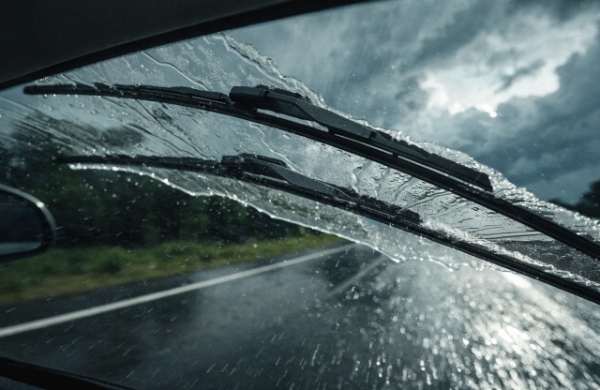 Silicone-coated wiper blades powerfully clearing heavy rain on a highway windshield