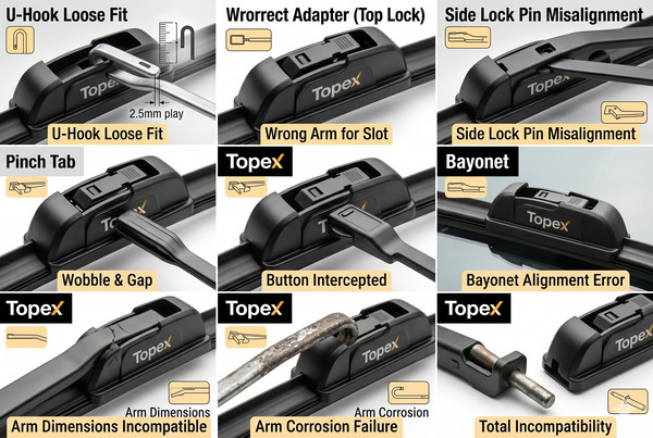 Visual showing wiper blade adapter compatibility issues on different arm types