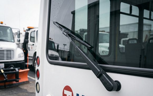 Fleet bus in rain with rear wiper failure, showing safety and operational impact
