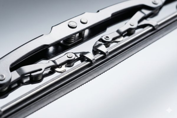 Close-up of a traditional frame wiper blade showing metal structure and claws