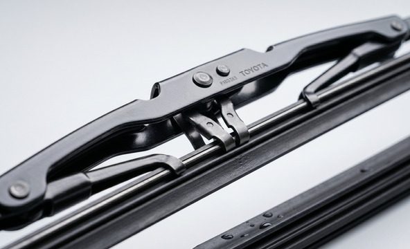 Close-up of a traditional rubber frame wiper blade showing metal structure
