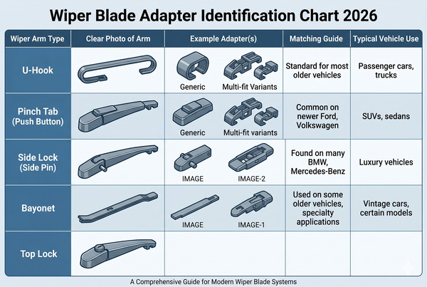 Clear identification chart showing major wiper arm types and corresponding adapters