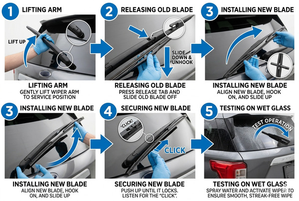 Clear instructional steps showing how to replace a rear wiper blade