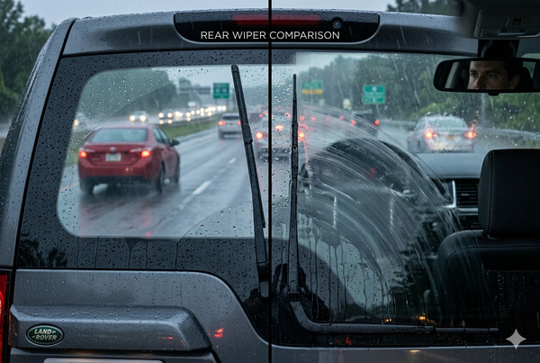 Side-by-side comparison of clean, effective rear wiper vs neglected, streaking rear wiper on SUV