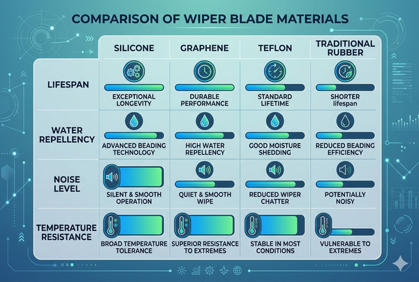 Head-to-head comparison chart of silicone, graphene, Teflon, and rubber wiper coatings
