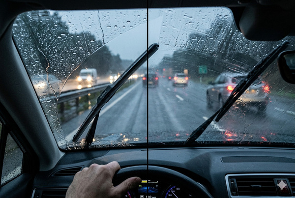 Silicone-coated wiper blades powerfully clearing heavy rain vs struggling traditional rubber blades