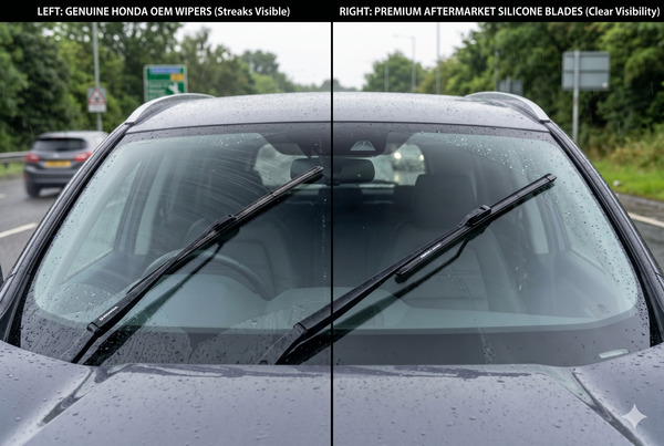 Side-by-side comparison of Honda OEM and premium aftermarket wiper blades installed on a Honda car