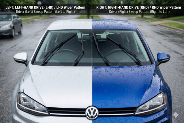 Side-by-side comparison of left-hand drive and right-hand drive wiper blades on vehicles