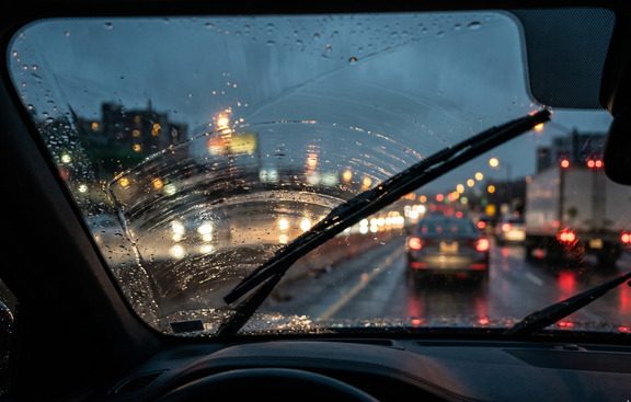 Realistic view of a car windshield during rain with visible streaking and squeaking wiper blades