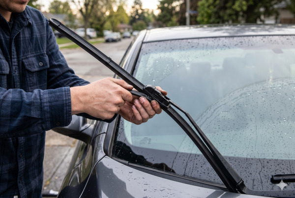 Person making a common mistake while installing wiper blades on a car windshield
