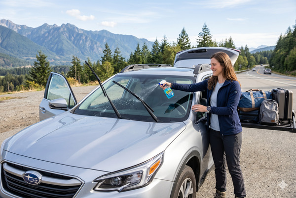 Driver performing a proper pre-trip wiper test with washer fluid on a clean windshield