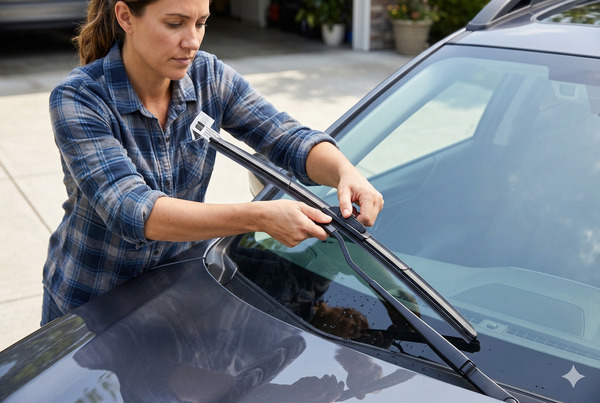Beginner replacing wiper blades correctly on a car windshield