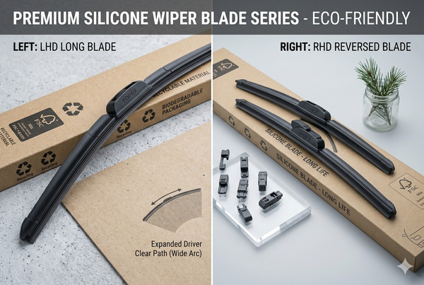 Premium eco-friendly silicone wiper blades with recycling symbols and sustainable features