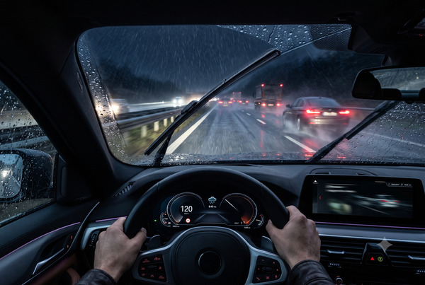 Dynamic highway scene in heavy rain showing excellent wiper blade performance