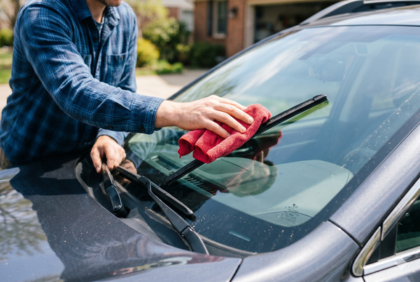 Person carefully cleaning wiper blades with microfiber cloth on a car windshield