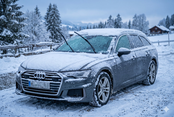 Car windshield covered in snow and ice with wiper arms properly lifted for winter protection
