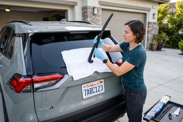 Clear DIY scene of replacing rear wiper blade on an SUV