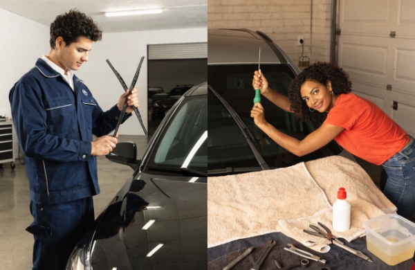 Side-by-side comparison of professional mechanic vs DIY driver replacing wiper blades