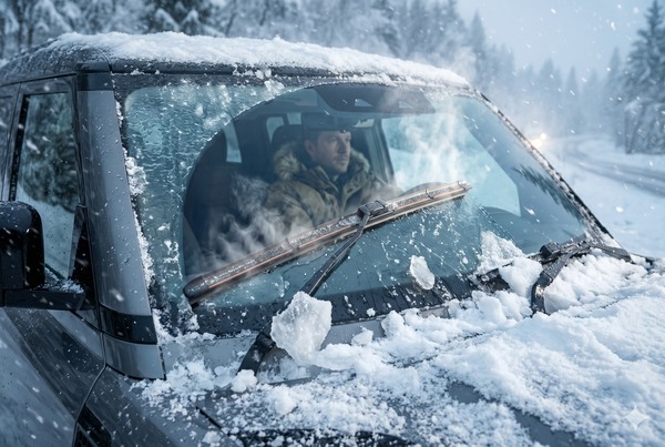 Advanced smart wiper blades with heating and self-cleaning actively clearing ice and snow on windshield