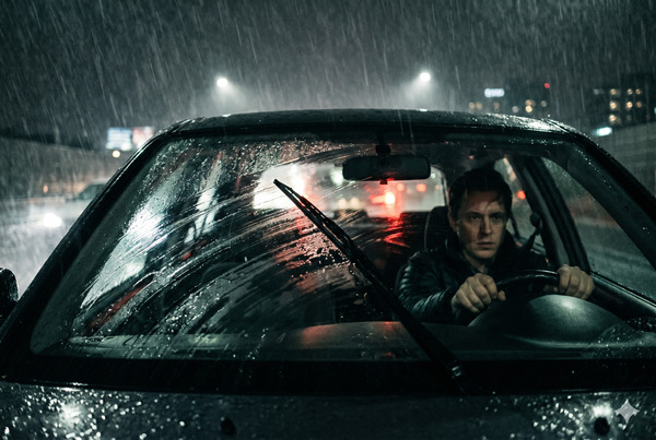 Car windshield with streaking and skipping wiper blades in heavy rain at night