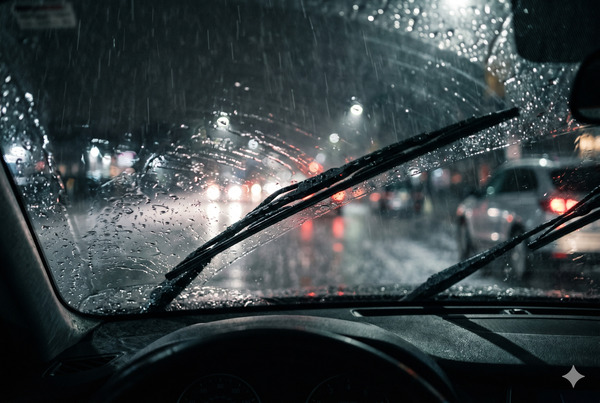 Close-up of wiper arm tension problem causing skipping and streaking on a wet windshield