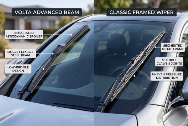 Clear side-by-side comparison of beam and conventional wiper blades on a car windshield