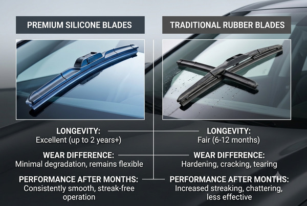 Side-by-side comparison showing silicone and rubber wiper blade durability test results 