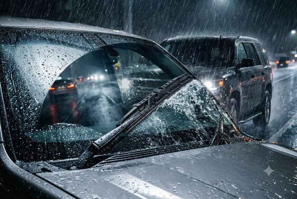 Realistic view of strong SUV/truck wiper blades performing well on a large curved windshield during heavy rain