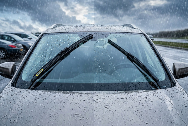 Realistic side-by-side comparison of Rain-X and generic water-repellent wiper blades during heavy rain on a windshield