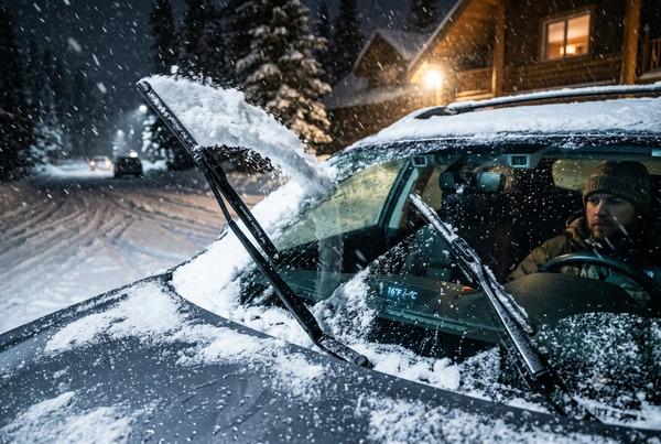 Realistic view of effective winter wiper blades clearing heavy snow and ice on a vehicle windshield