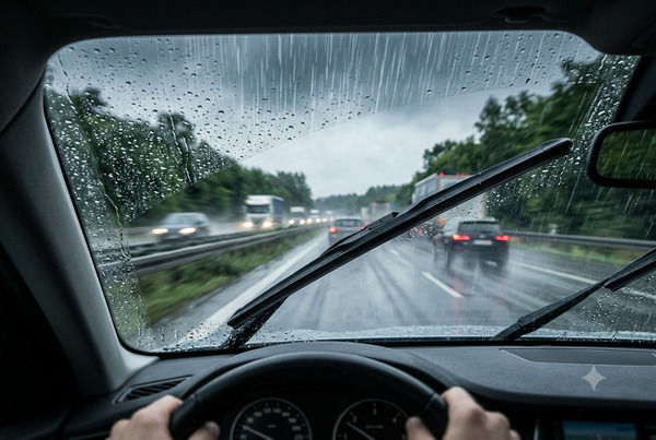 Realistic view of aero wiper blades performing well on a windshield during heavy rain at highway speed