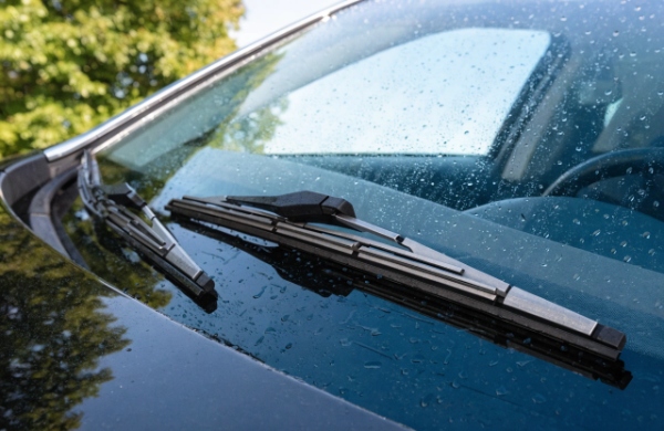 Realistic view of hybrid wiper blades installed on a modern car windshield in rain