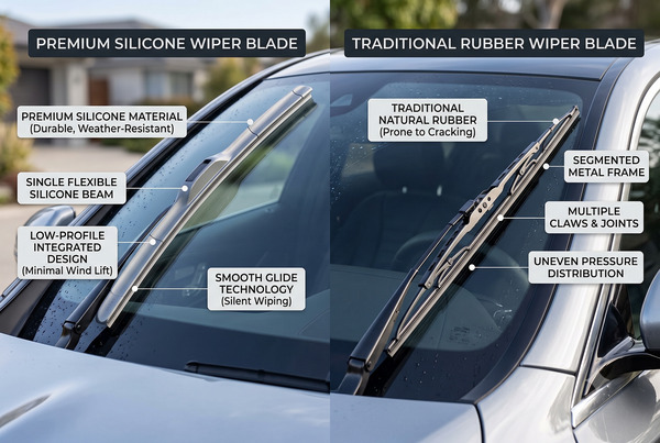 Clear side-by-side comparison of premium silicone and traditional rubber wiper blades on a windshield