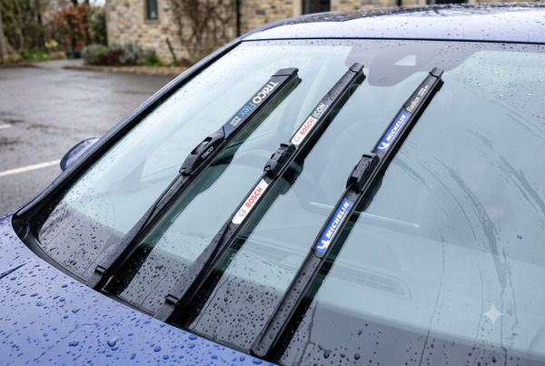 Clear side-by-side comparison of Trico, Bosch, and Michelin wiper blades on a car windshield