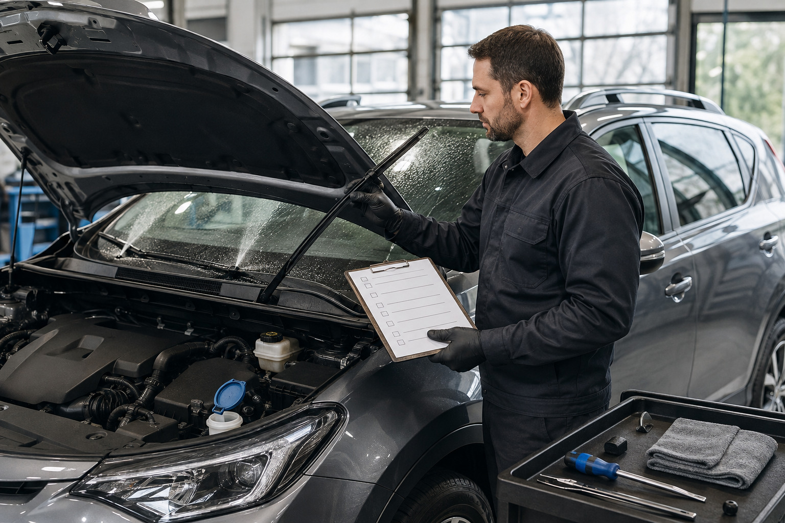 Automotive technician inspecting windshield wiper blades, connectors, washer nozzles, and wet wiping performance as part of a complete vehicle safety check.