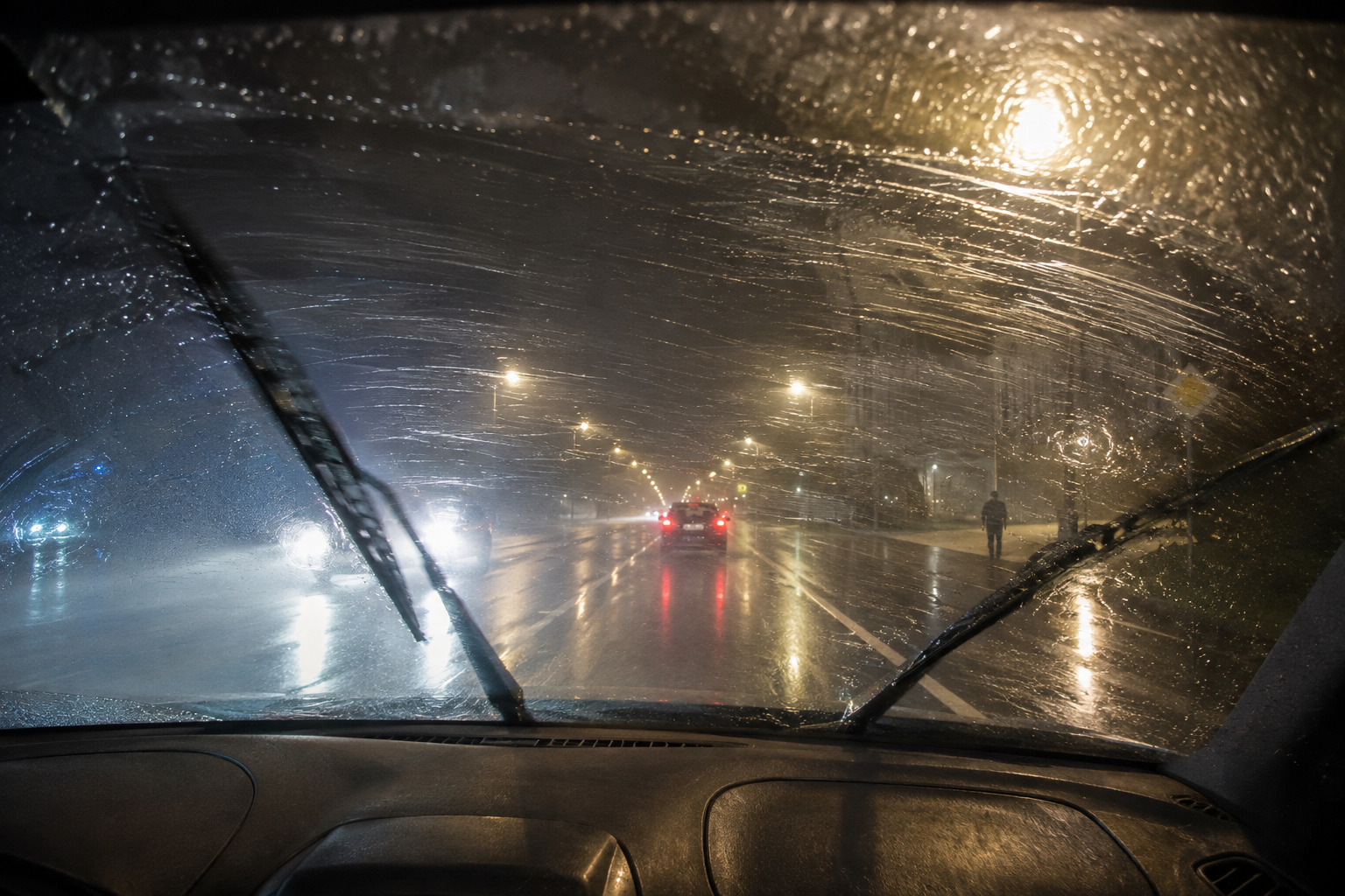Worn windshield wiper blades leaving water films and streaks that amplify headlight glare and obscure road hazards during nighttime rain.