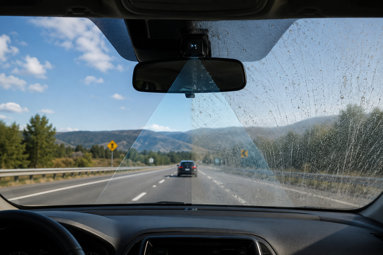 Forward-facing ADAS camera viewing the road through clean windshield glass compared with an area obstructed by dirt, water film, and wiper streaks.